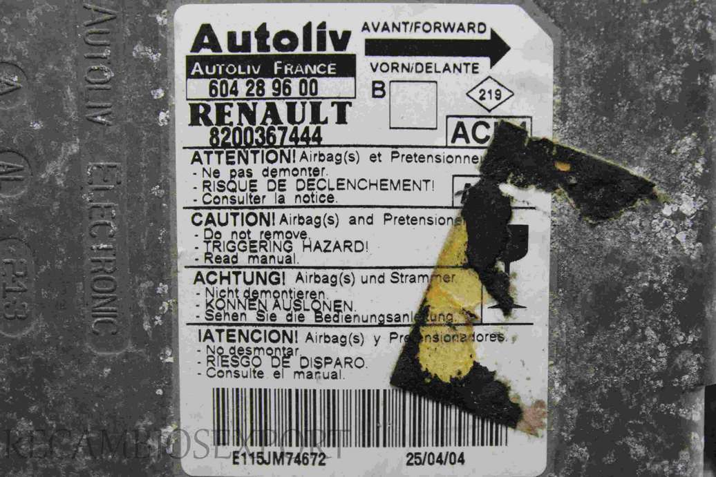 Centralita de airbag Renault Megane 8200367444 Autoliv 604289600 604 28 96 00 AC - foto 3