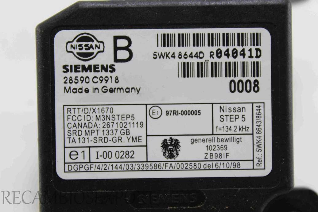 Lector de llave Nissan Almera 28590C9918 28590 C9918 SIEMENS 5WK48644D - foto 2