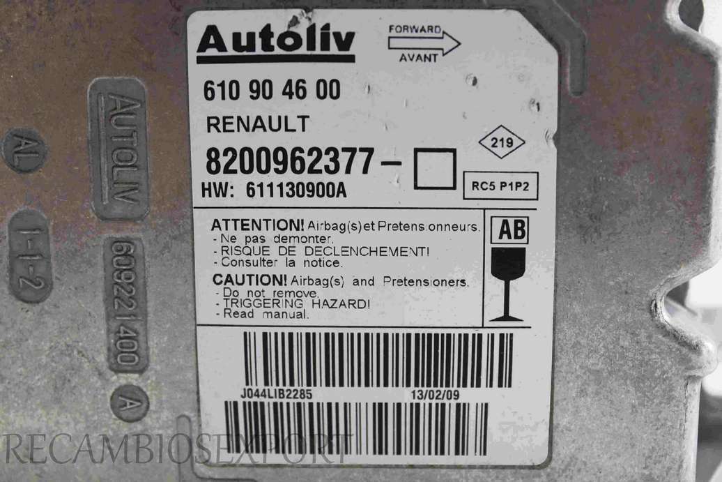 Centralita de airbag Renault Scenic 8200962377 AB Autoliv 610904600 610 90 46 00 - foto 3