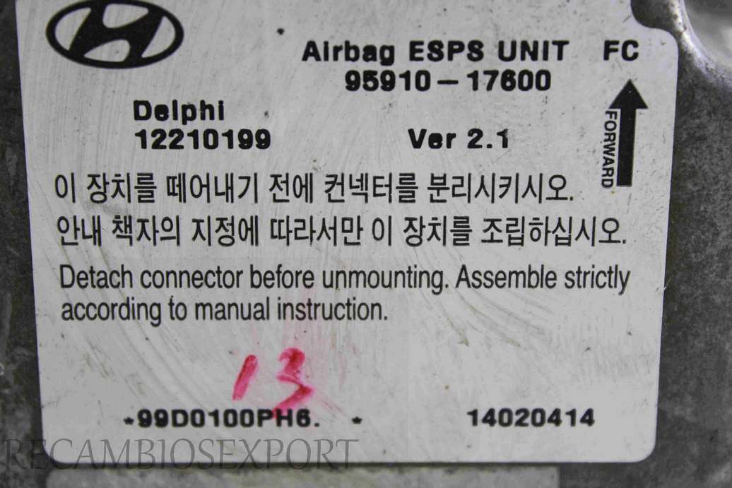 Centralita de airbag Hyundai Matrix 9591017600 95910-17600 Delphi 12210199 - foto 2