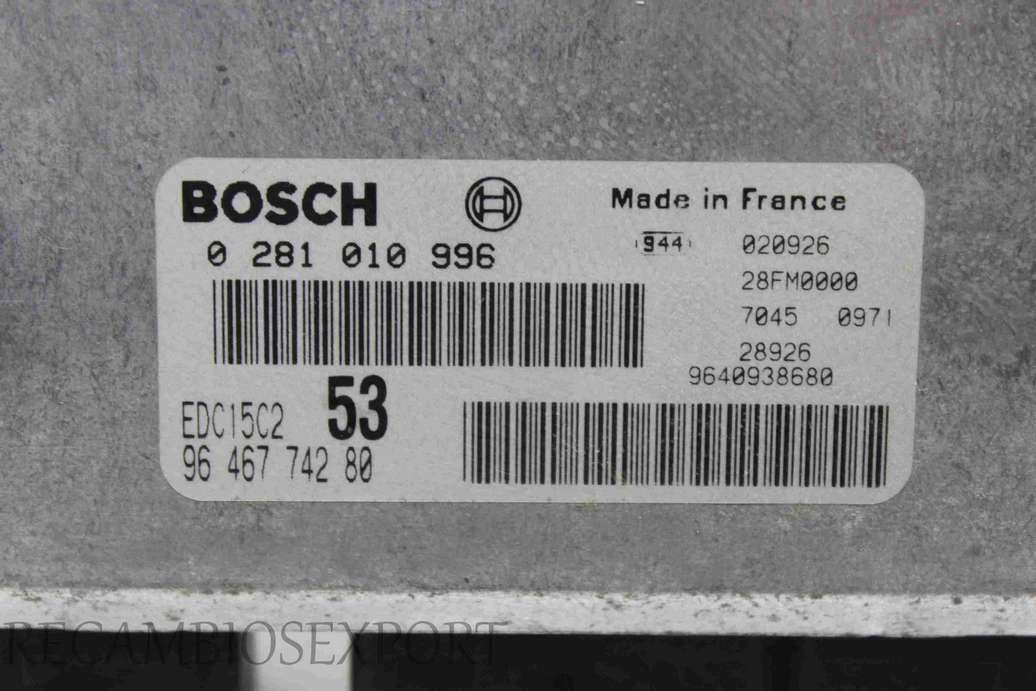 Centralita del motor Citroen Xsara Picasso 9646774280 96 467 742 80 Bosch 0281010996 0 281 010 996 EDC15C2 - foto 2