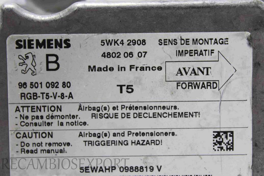 Centralita Airbag PEUGEOT 307 9650109280 96 501 092 80 SIEMENS 5WK42908 5WK4 2908 - foto 2