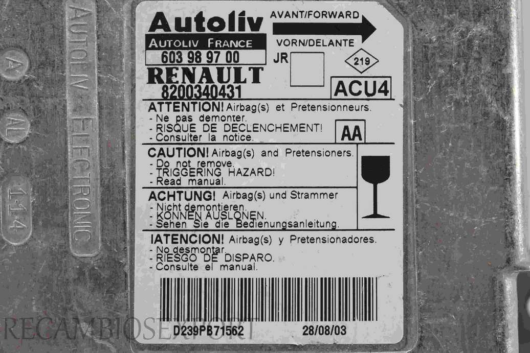 Centralita de airbag Renault Scenic 8200340431 AA Autoliv 603989700 603 98 97 00 - foto 2