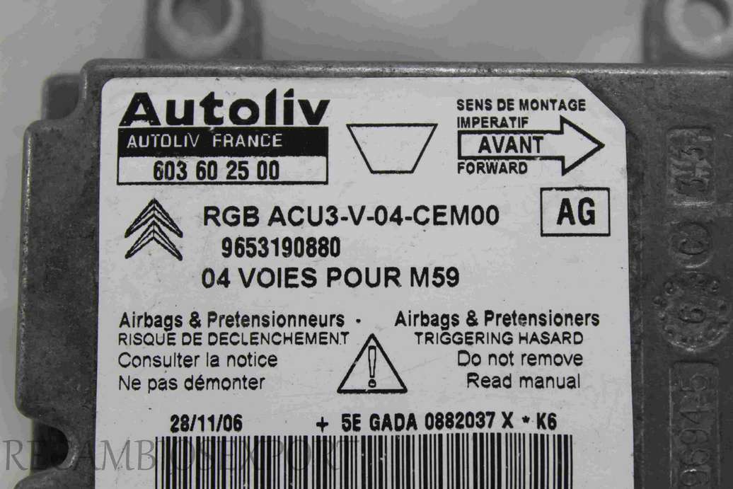 Centralita de airbag Peugeot Partner 9653190880 AG Autoliv 603602500 603 60 25 00 - foto 2