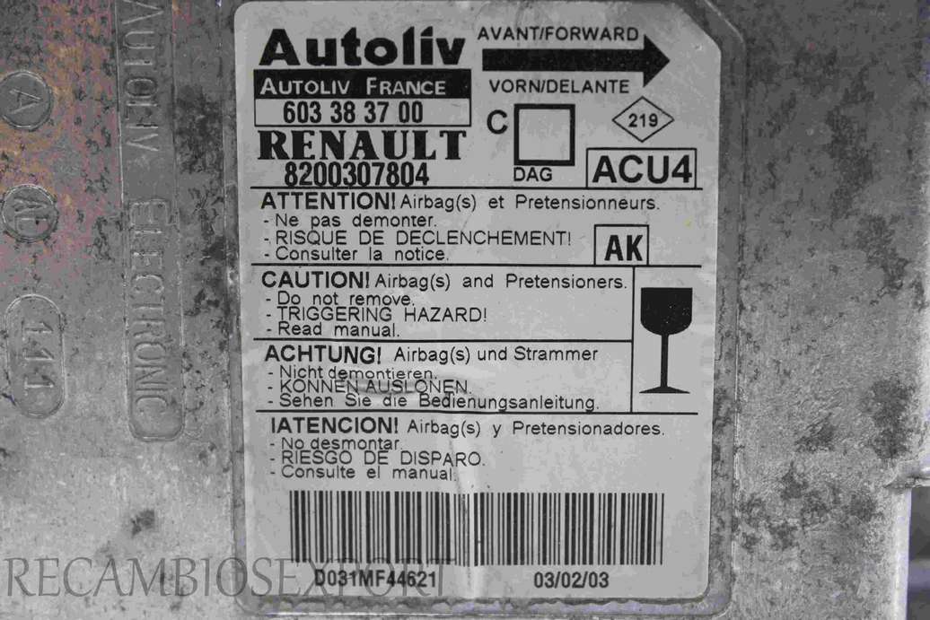 Centralita de airbag Renault Megane 8200307804 AK Autoliv 603383700 603 38 37 00 - foto 2