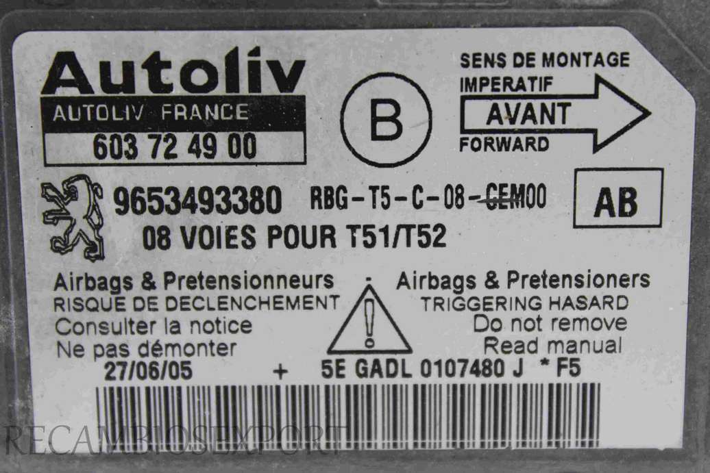 Centralita de airbag Peugeot 307 9653493380 Autoliv 603724900 603 72 49 00 AB - foto 2