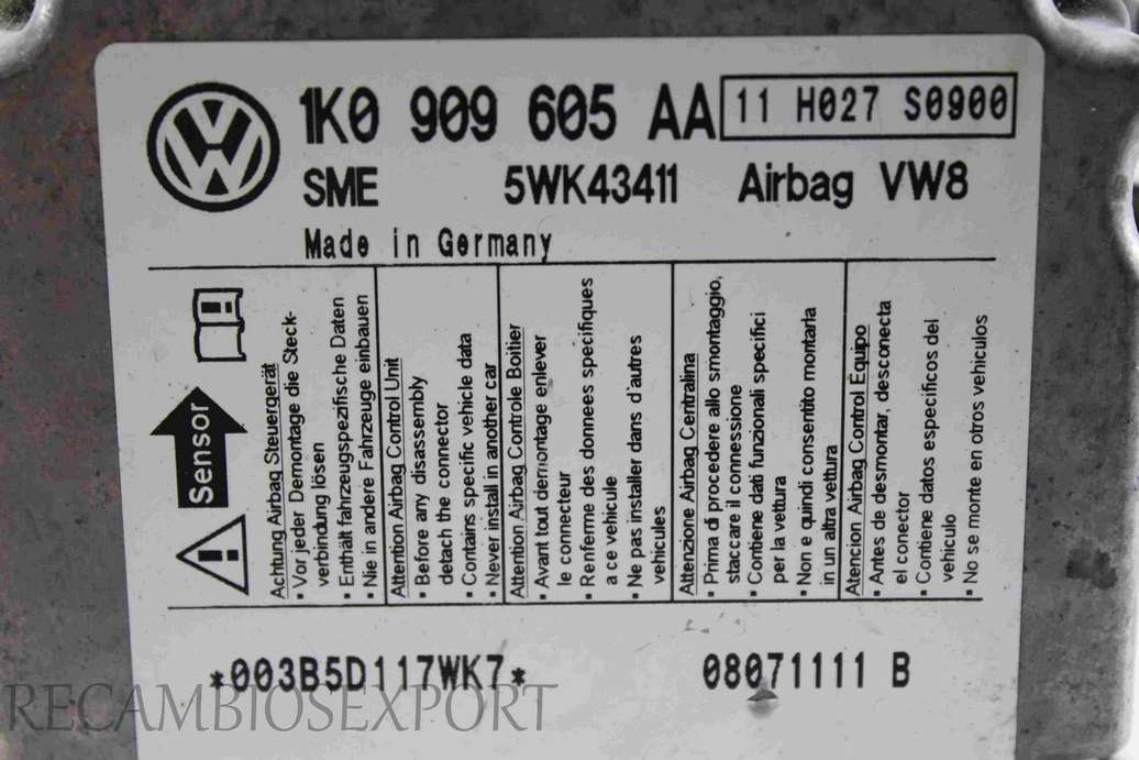 Centralita de airbag Skoda Octavia 1K0909605AA 1K0 909 605 AA SME 5WK43411 - foto 2
