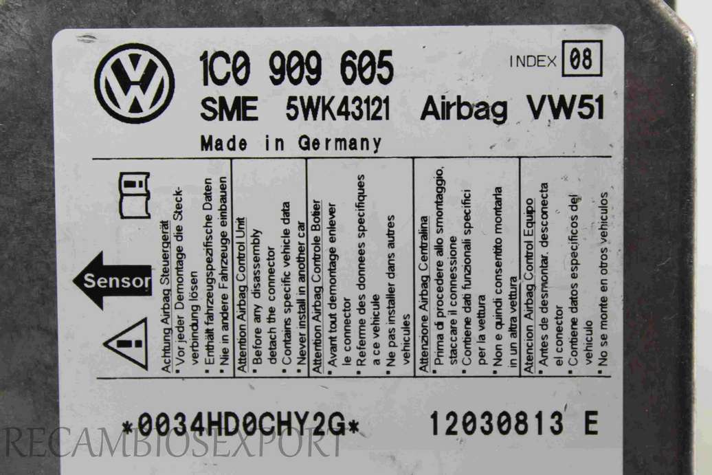 Centralita de airbag VW Polo 1C0909605 1C0 909 605 SME 5WK43121 IND 08 - foto 2