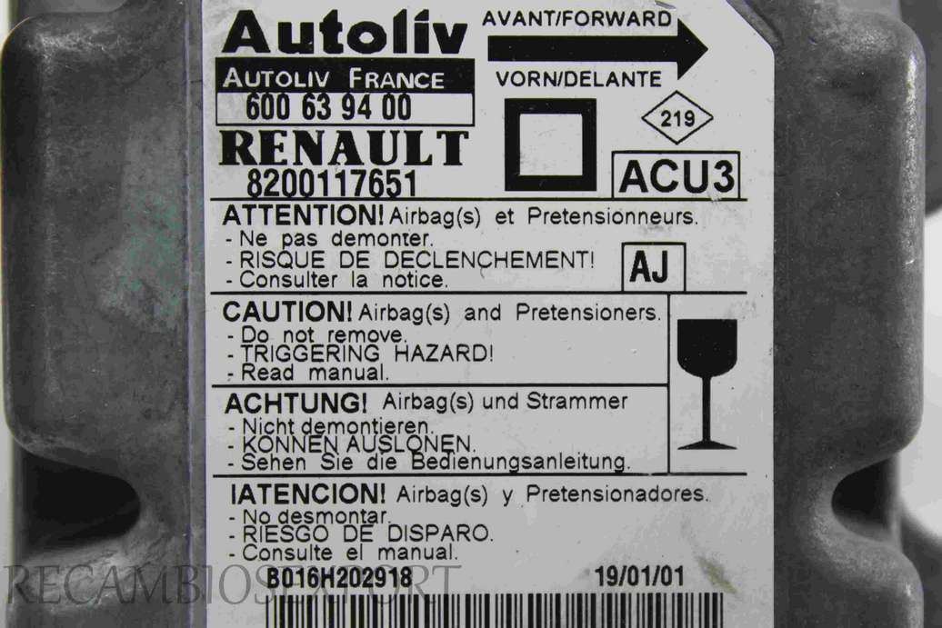 Centralita de airbag Renault Megane 8200117651 Autoliv 600 63 94 00 600639400 AJ - foto 2