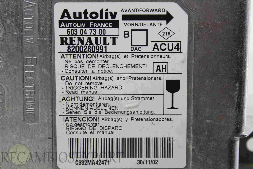 Centralita de airbag Renault Megane 8200280991 Autoliv 603047300 603 04 73 00 AH - foto 2