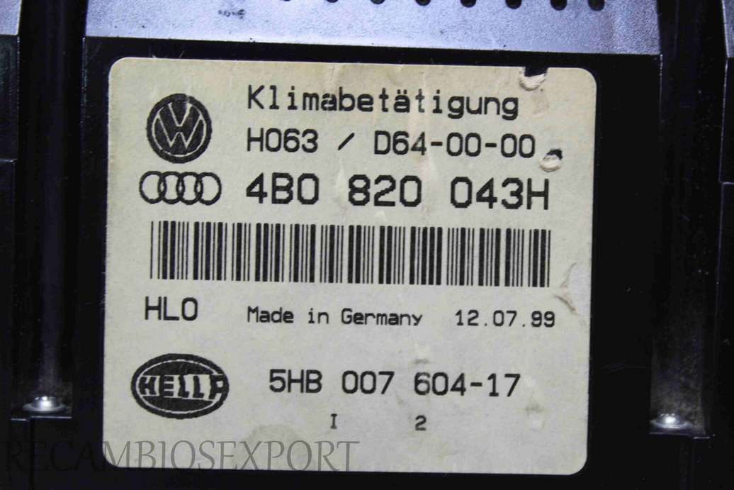 Panel de clima VW Audi Seat Skoda 4B0820043H 4B0 820 043H Hella 5HB00760417 5HB 007 604-17 - foto 2
