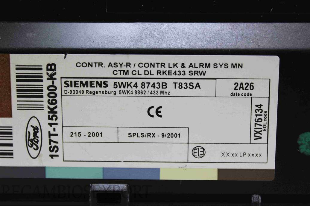 Dispositivo de control Ford Mondeo 1S7T15K600KB 1S7T-15K600-KB Siemens 5WK4874B 5WK4 874B - foto 2