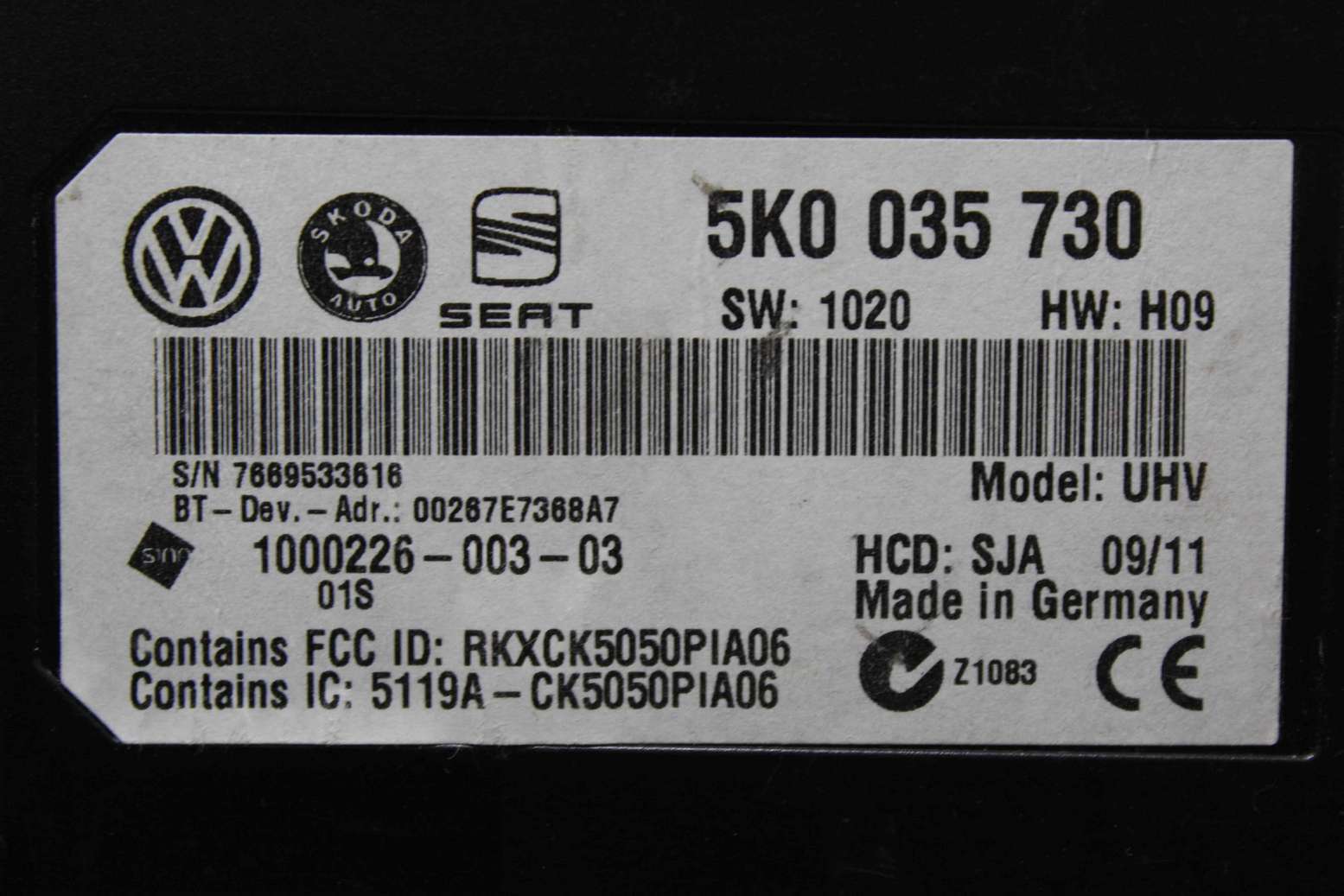 Módulo Bluetooth VW Seat Skoda 5K0035730 5K0 035 730 100022600303 1000226-003-03 - foto 2