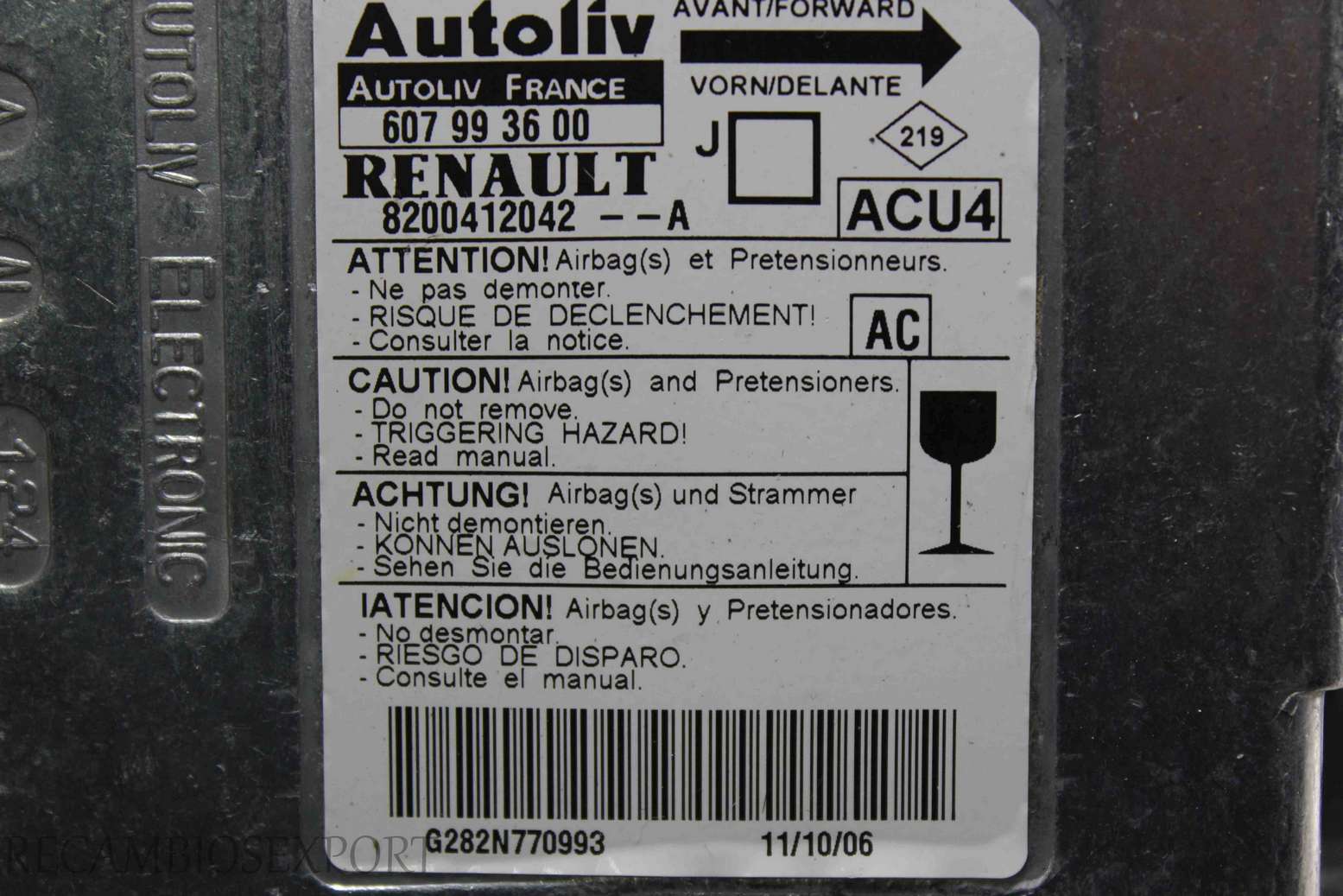 Centralita de airbag Renault Scenic Megane 8200412042A 8200412042--A AC ACU4 Autoliv 607993600 607 99 36 00 - foto 2