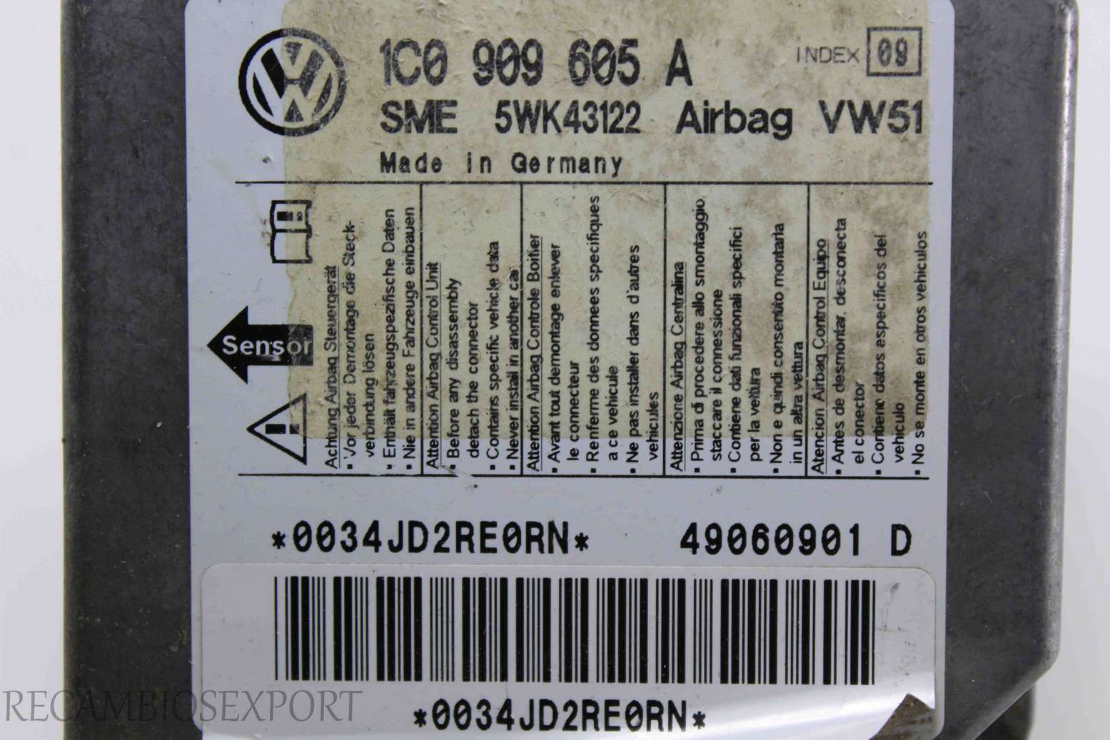 Centralita de airbag VW Golf 1C0909605A 1C0 909 605 A SME 5WK43122 - foto 2