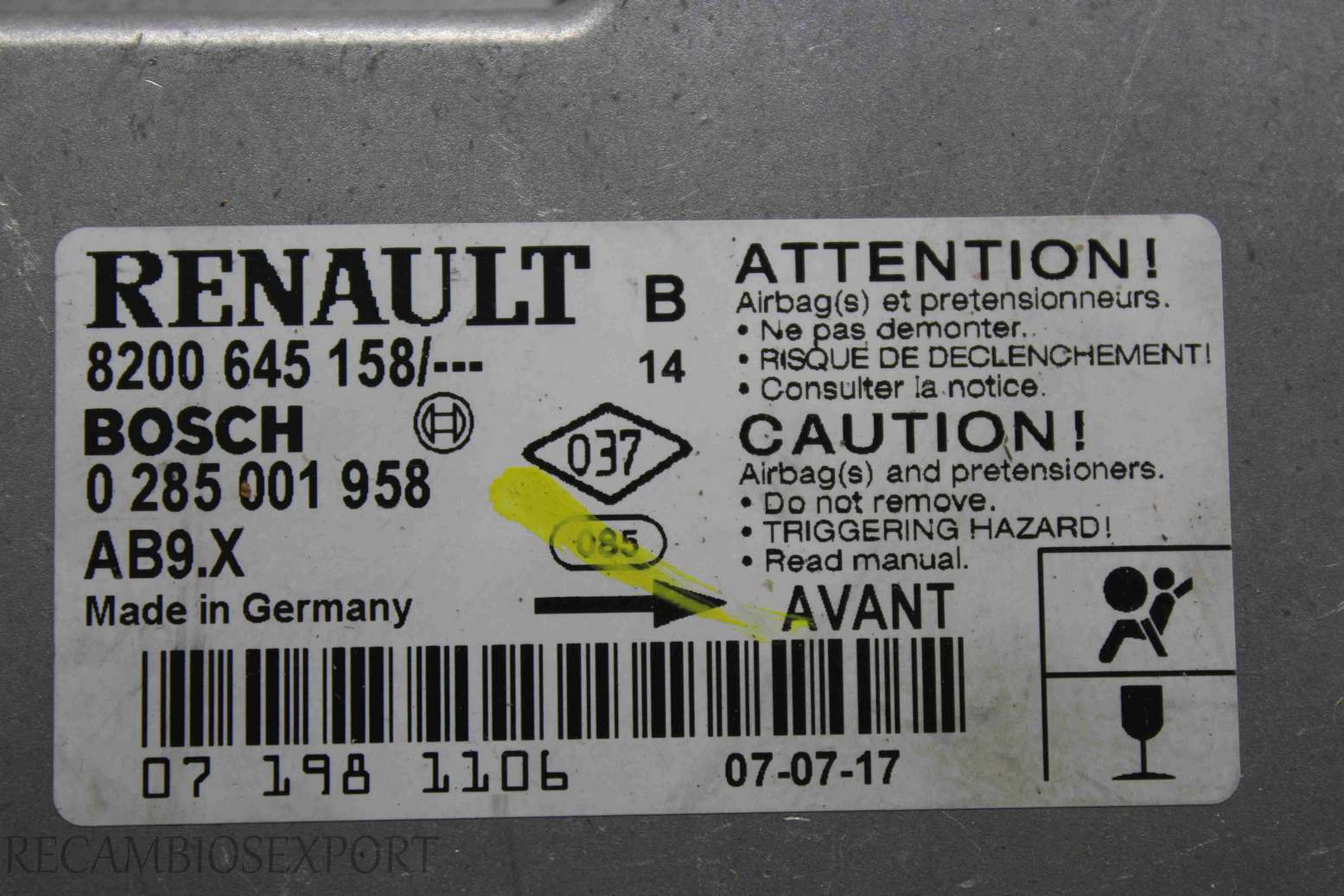 Centralita de airbag Renault Clio 8200645158 8200 645 158 Bosch 0285001958 0 285 001 958 - foto 2