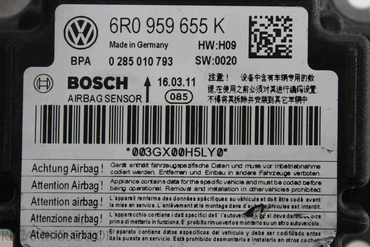 Centralita de airbag VW Polo 6R0959655K 6R0 959 655 K Bosch 0285010793 0 285 010 793 - foto 2