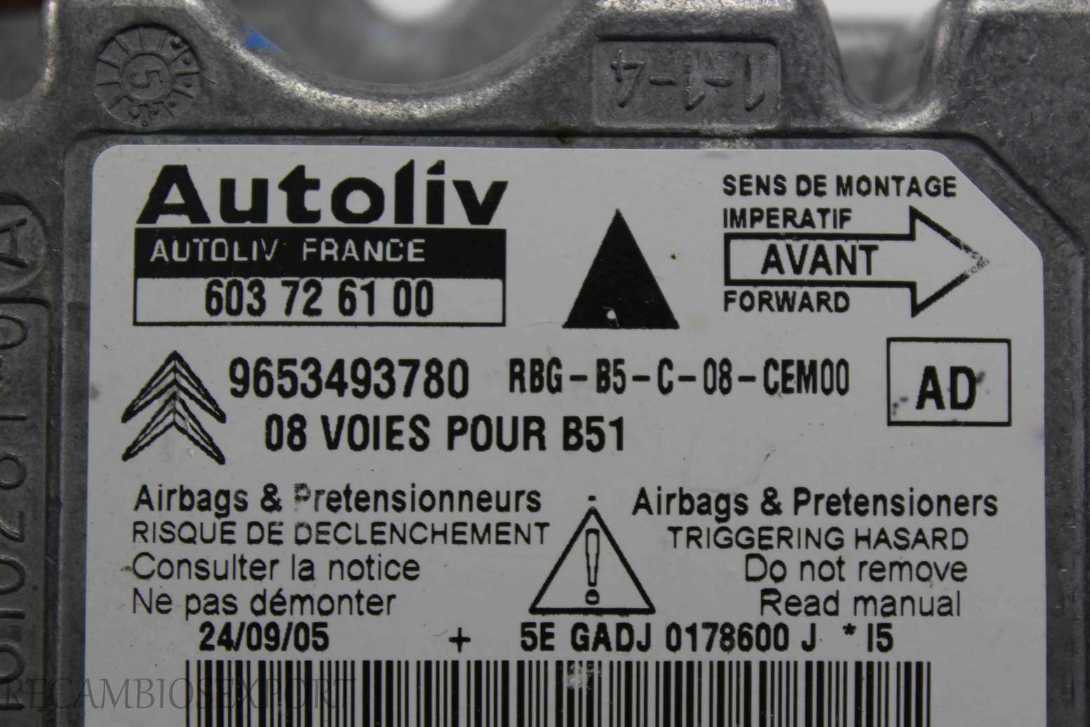 Centralita de airbag Citroen C4 9653493780 AD Autoliv 603726100 603 72 61 00 - foto 2