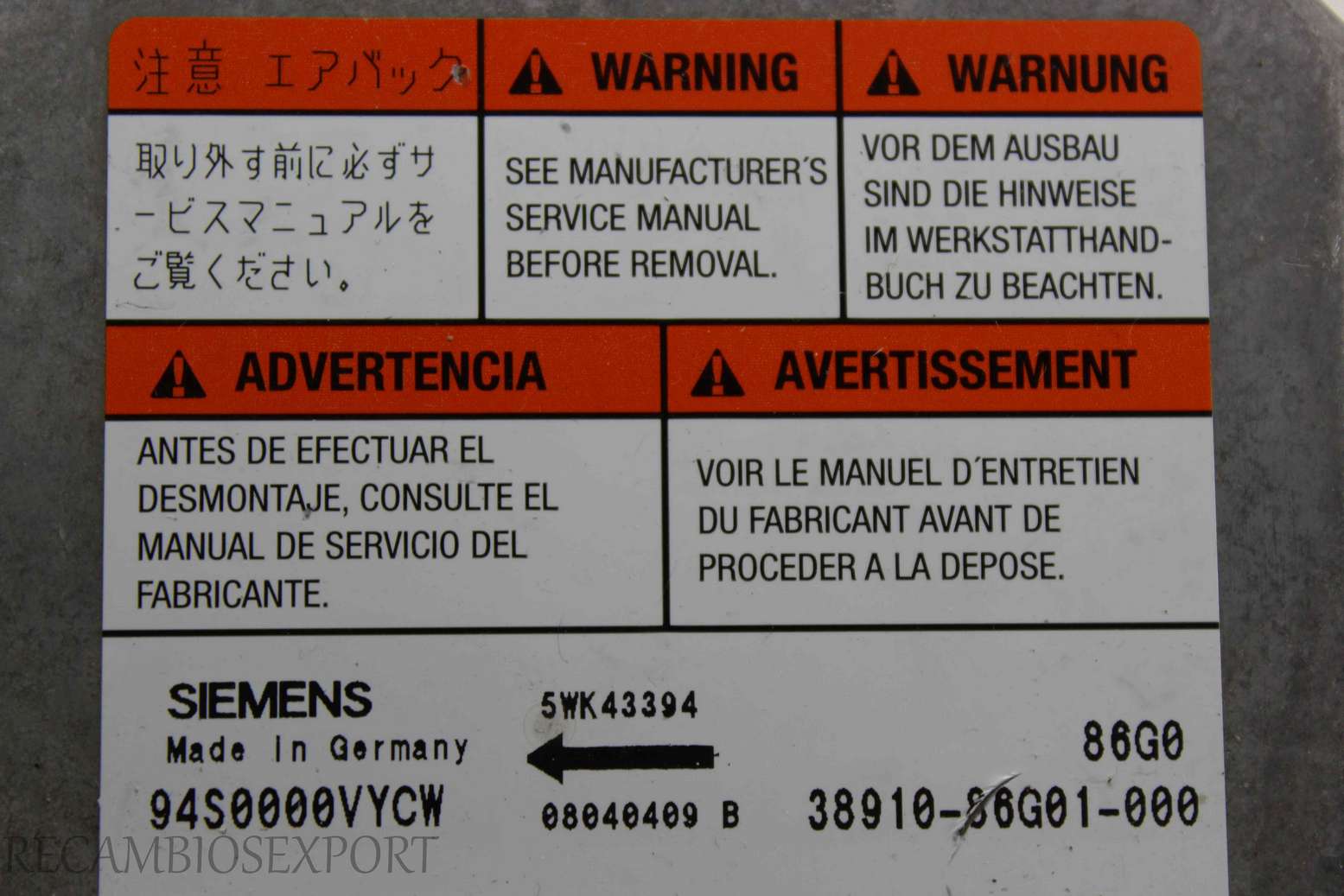 Centralita de airbag Suzuki Ignis 3891086G01000 38910-86G01-000 Siemens 5WK43394 - foto 2