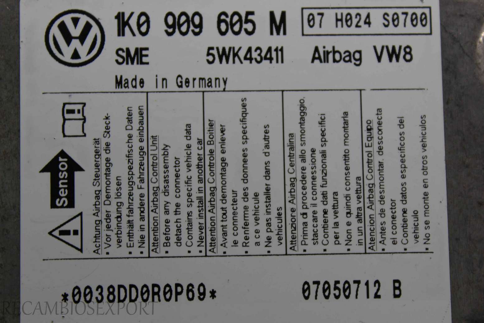 Centralita de airbag VW Golf Skoda Octavia 1K0909605M 1K0 909 605 M SME 5WK43411 - foto 2
