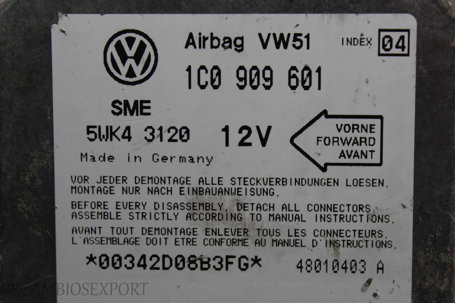Centralita de airbag VW Golf Polo Skoda Fabia 1C0909601 1C0 909 601 Siemens 5WK43120 5WK4 3120 Ind. 04 - foto 2