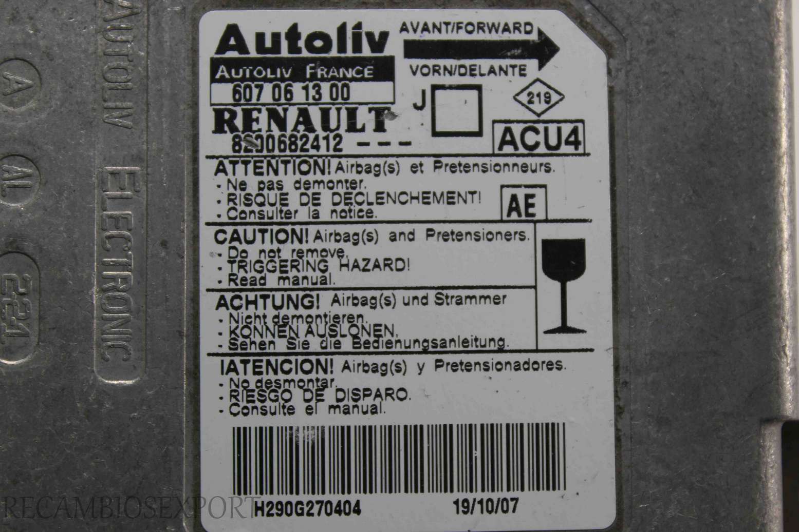 Centralita de airbag Renault Scenic 8200682412 Autoliv 607061300 607 06 13 00 ACU4 AE - foto 2