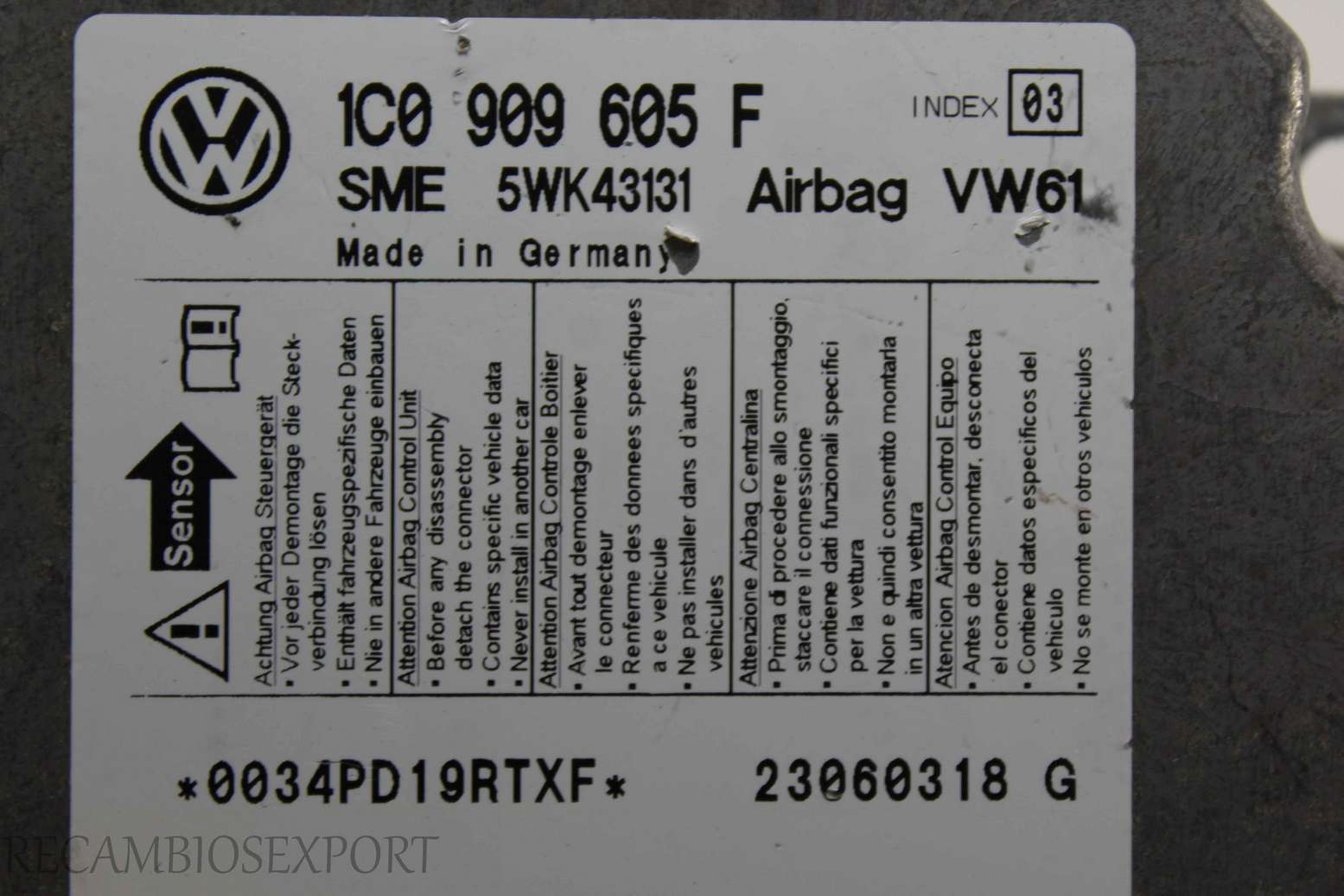 Centralita de airbag VW Audi Seat Skoda 1C0909605F 1C0 909 605 INDX 03 SME 5WK43131 - foto 2