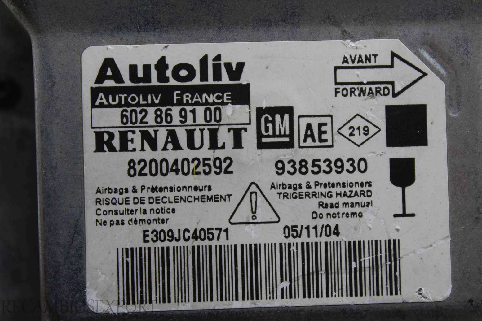 Centralita de airbag Renault Trafic 8200402592 AE Autoliv 602869100 602 86 91 00 93853930 - foto 2