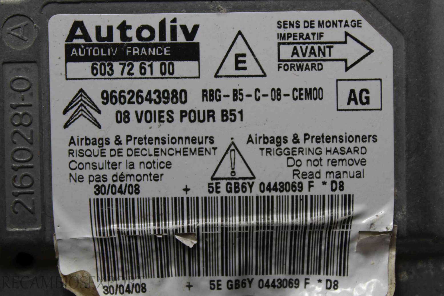 Centralita de airbag Citroen C4 9662643980 AG Autoliv 603726100 603 72 61 00 - foto 2