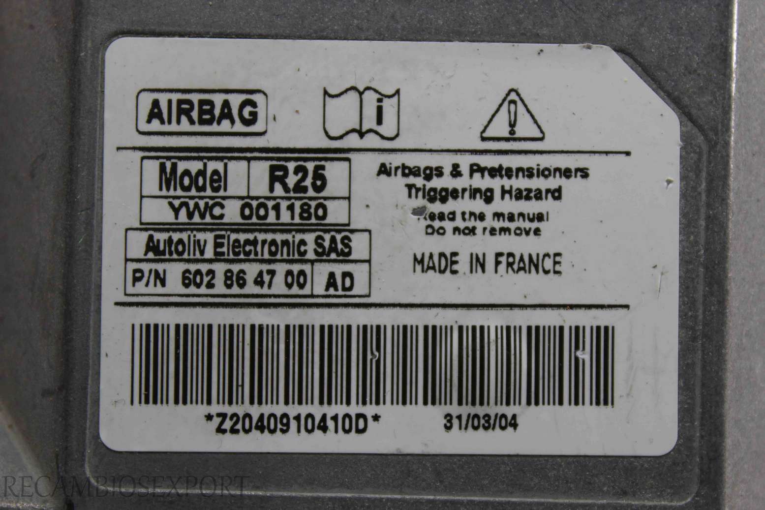 Centralita de airbag Rover YWC001180 YWC 001180 602864700AD 602864700 AD - foto 2