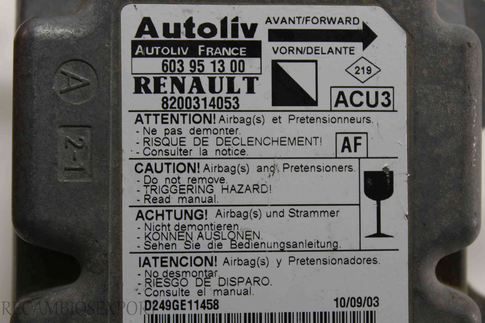 Centralita de airbag Renault Kangoo 8200314053 Autoliv 603951300 603 95 13 00 ACU3 AF - foto 2