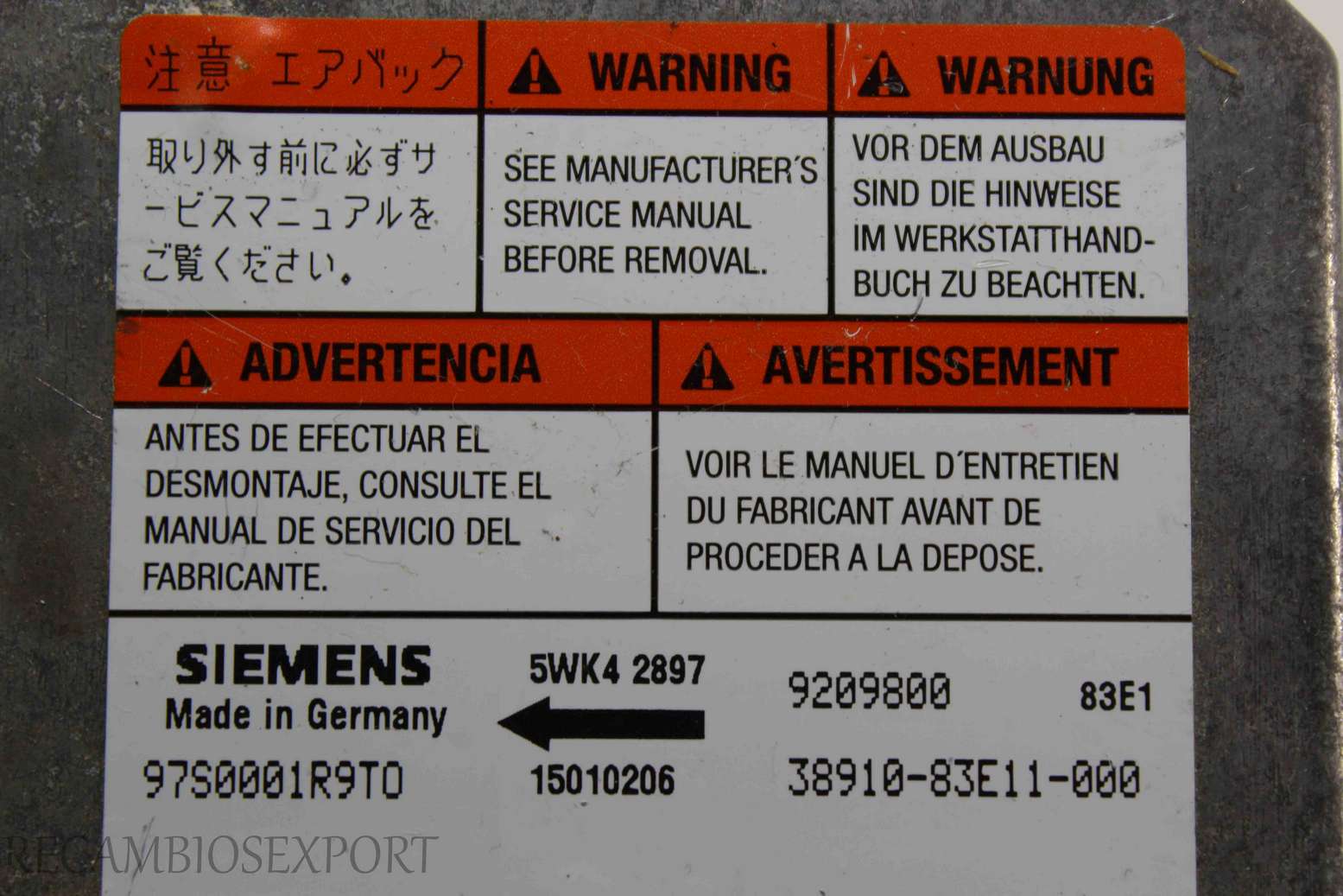 Centralita de airbag Opel Agila 97S0001R9T0 3891083E11000 38910-83E11-000B Siemems 5WK42897 5WK4 2897 9209800 - foto 2