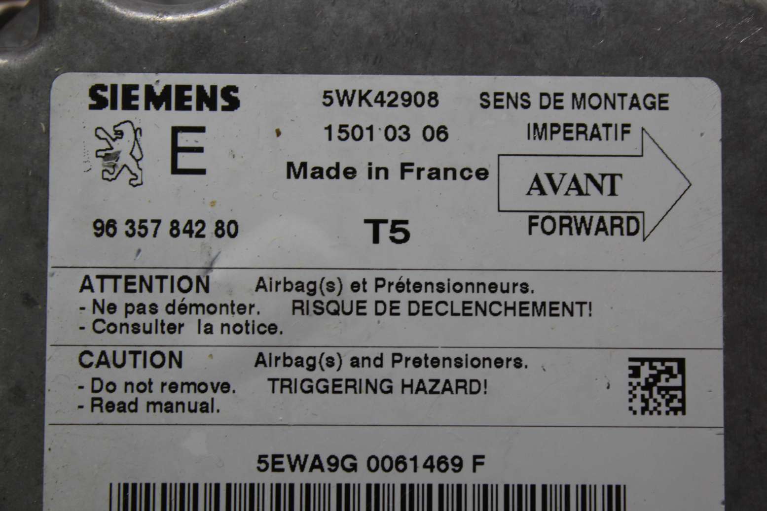 Centralita de airbag Peugeot 307 9635784280 96 357 842 80 Siemens 5WK42908 5WK4 2908 - foto 2