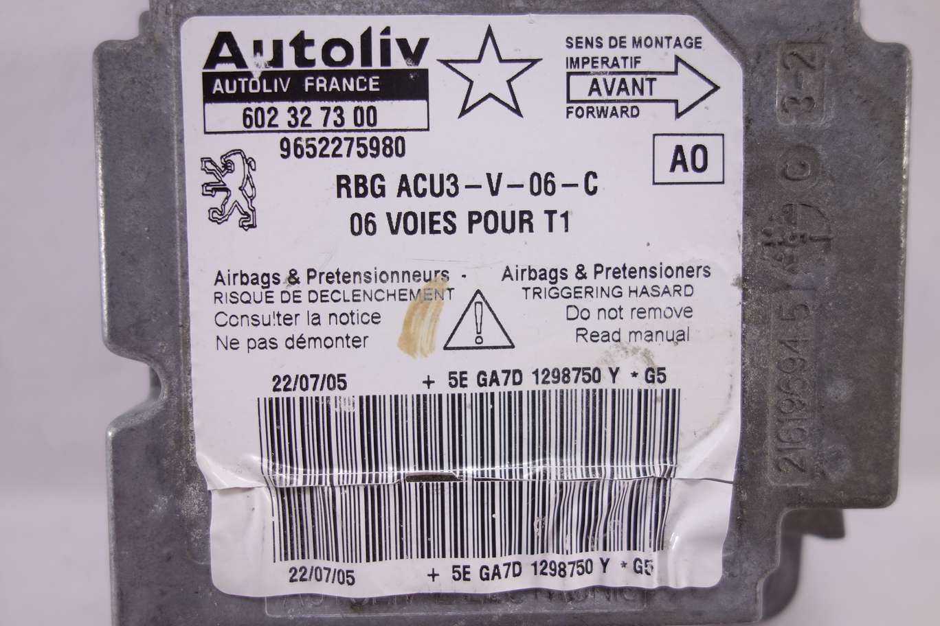 Centralita de airbag Peugeot 206 9652275980 602327300 602 32 73 00 AO - foto 2